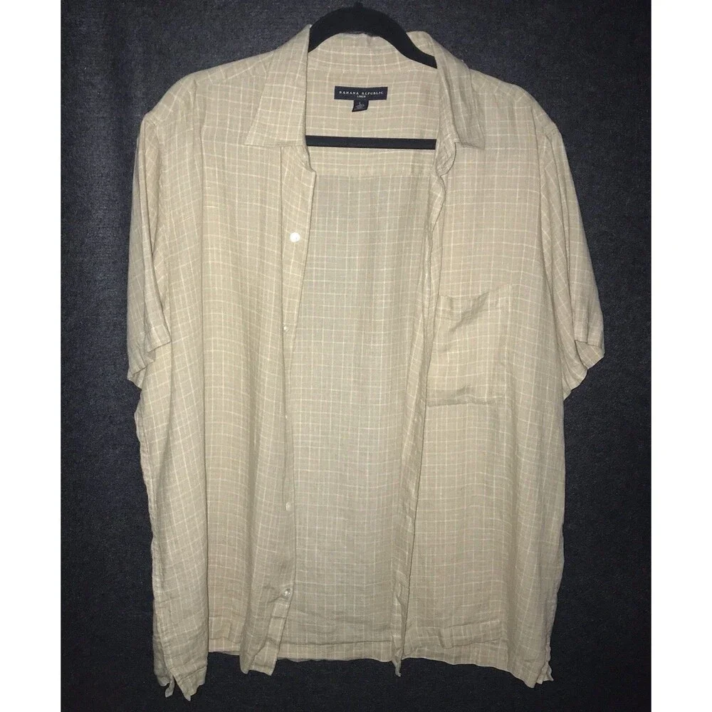 Banana Republic Shirt Tan White Plaid‎ 100% Linen Short Sleeve Button Up Men's